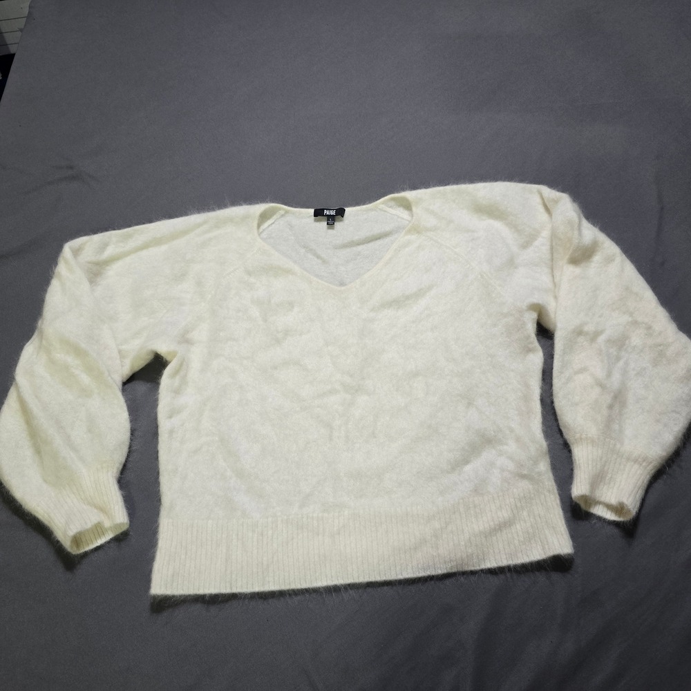 PAIGE V-Neck Sweater Women L White 100% Cashmere Fuzzy Knit Raglan Sleeve